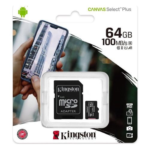KINGSTON CANVAS SELECT PLUS 64GB SDCS2/64GB 100MB/S V30 A1 CLASS 10 MICRO SD CARD W/ ADAPTER